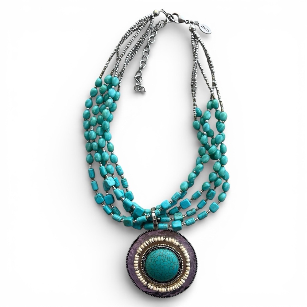 Chico's Turquoise Multi Strand Necklace Large Medallion‎ Pendant Boho Statement